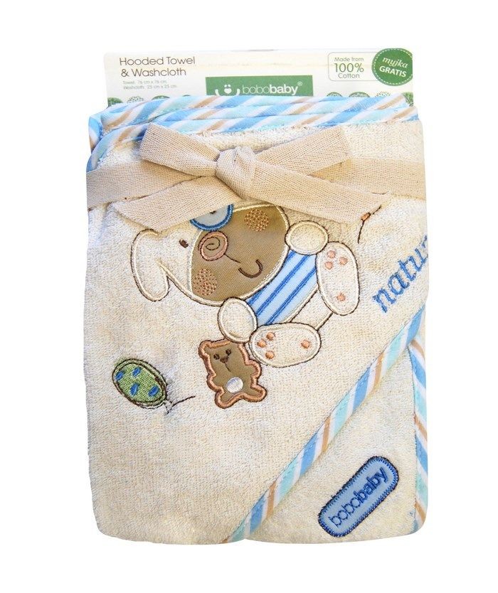 BoboBaby prosop de baie frotir 76x76 cm + carpa de baie - catelus ecru-blue