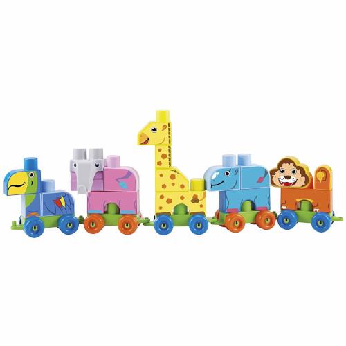 Set de Construit Maxi Cuburi Colorate cu Tren si Animale de la Zoo Abrick
