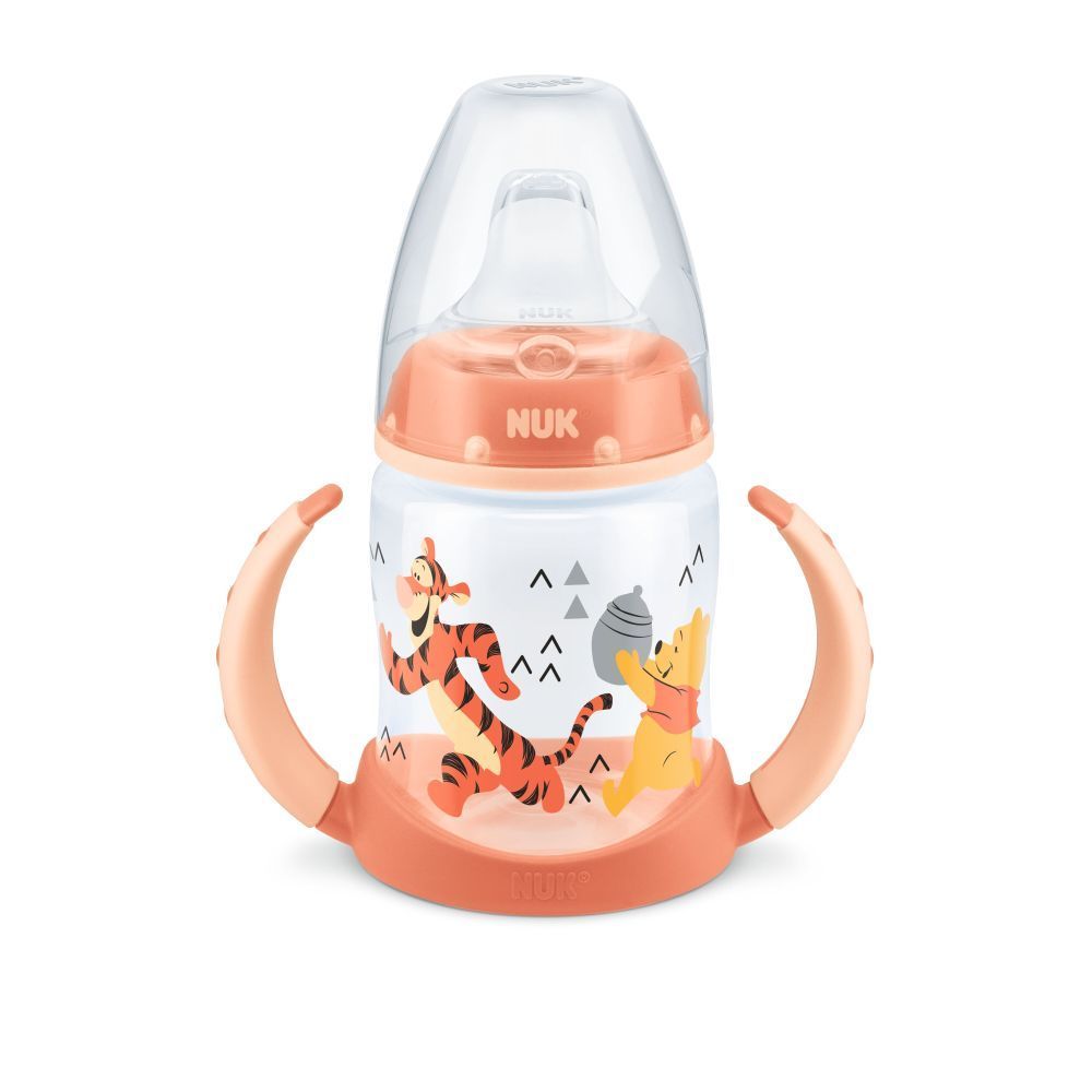 Biberon Nuk First Choice 150ml Cu Toarte Si Adaptor Din Silicon Orange Disney 6 luni+