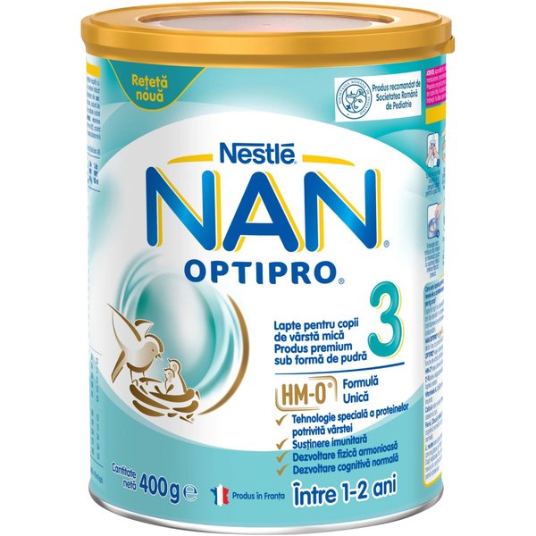 Lapte pentru copii de varsta mica Nestlé NAN OPTIPRO 3 HM-O, intre 1-2 ani, 400g