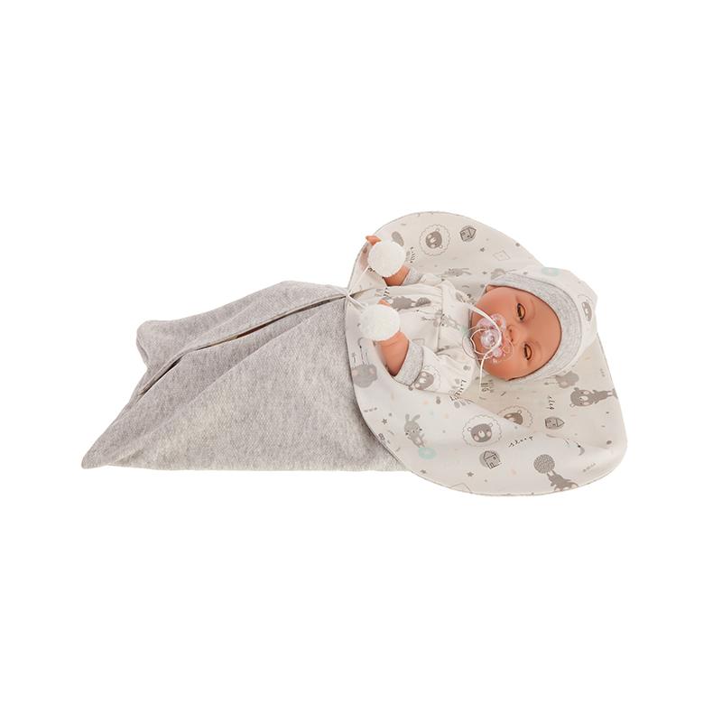 Papusa fetita Bimbo, cu saculet de dormit gri, 37 cm, Antonio Juan