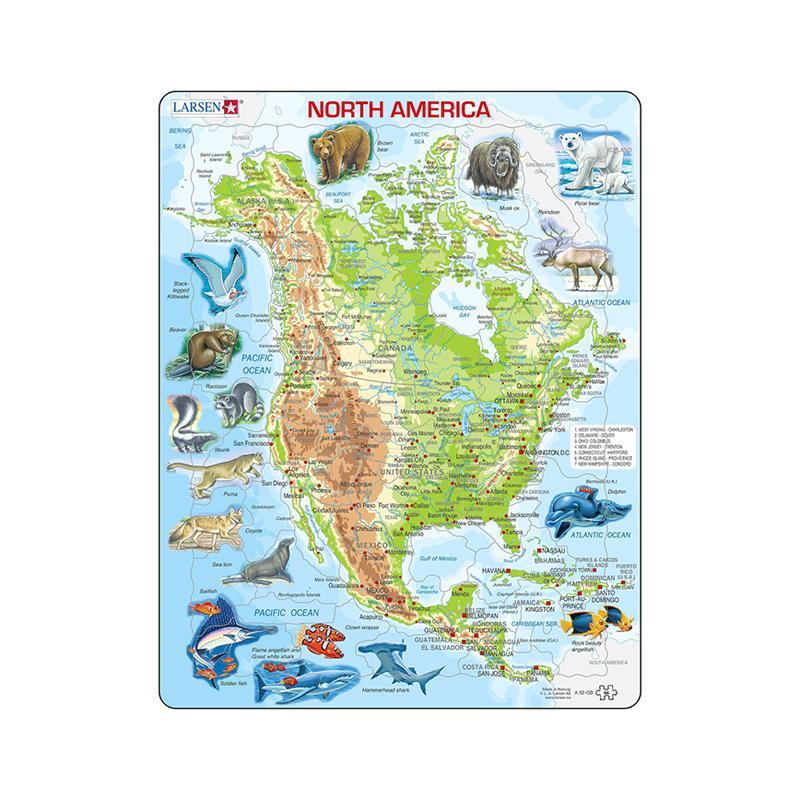 Puzzle maxi Harta fizica si animalele din America de Nord, orientare tip portret, 66 de piese, Larsen