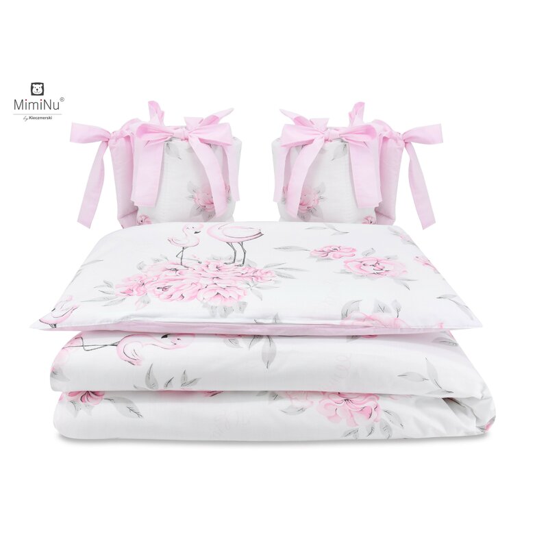 MimiNu - Lenjerie patut cu 4 piese, Cu doua protectii laterale, Peonie Pink, Din bumbac, Pentru patut 120x60 cm