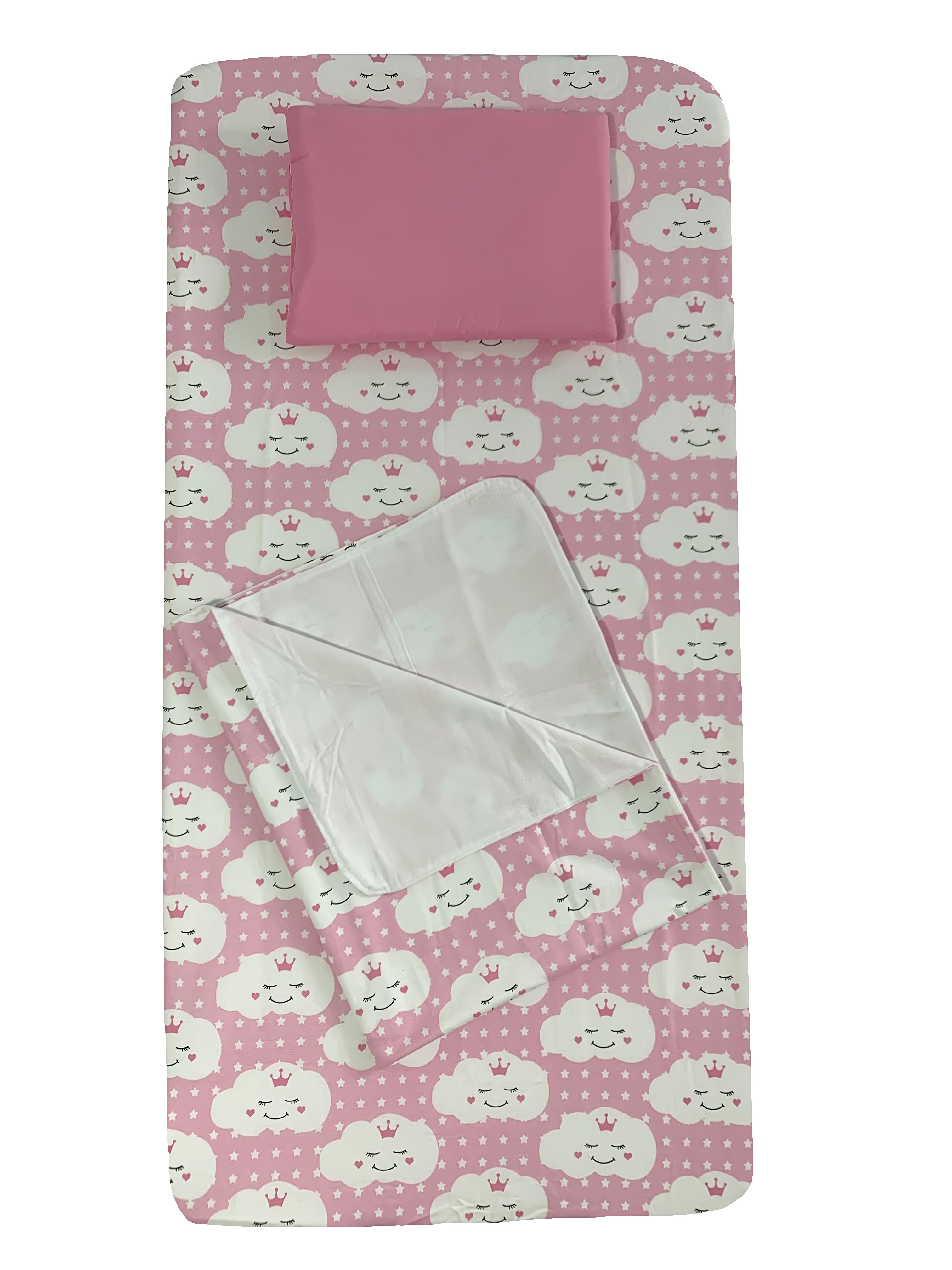 Set 3 piese pat 120x60 cm cu cearsaf paturica si perna norisori zambareti roz