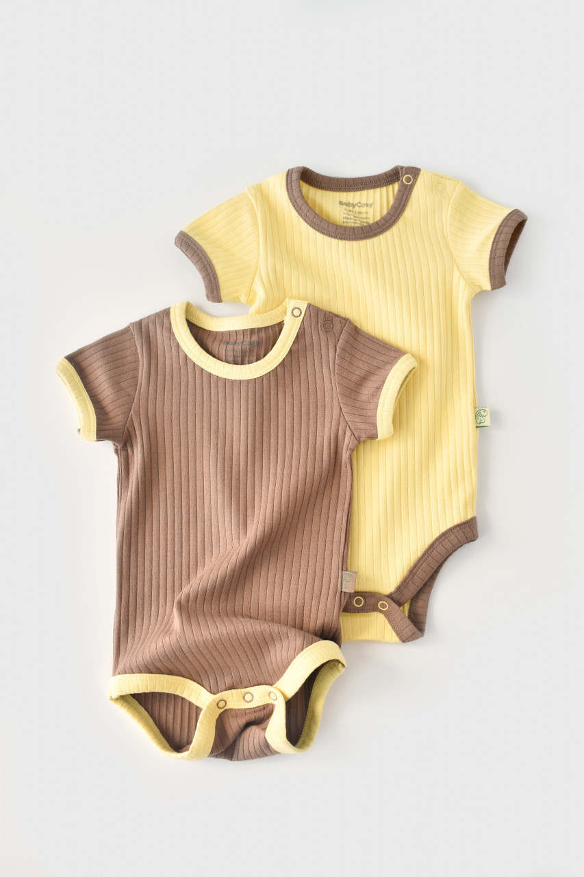 Set 2 body-uri ribana bebe unisex din bumbac organic si 5%elastan - vanilie/maro (marime: 3-6 luni)