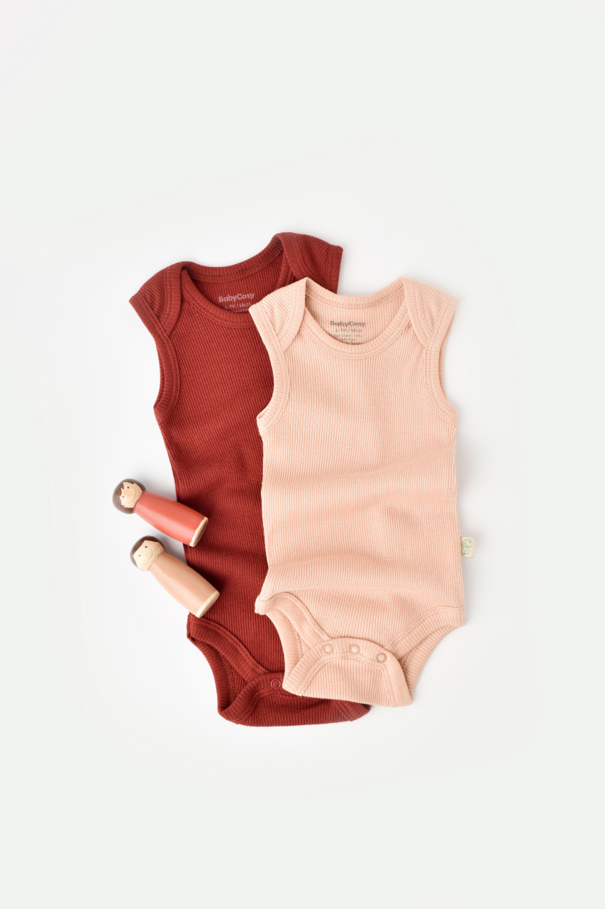 Set 2 body-uri fara maneci bebe unisex din bumbac organic si modal - caramiziu/somon, baby cosy (marime: 9-12 luni)