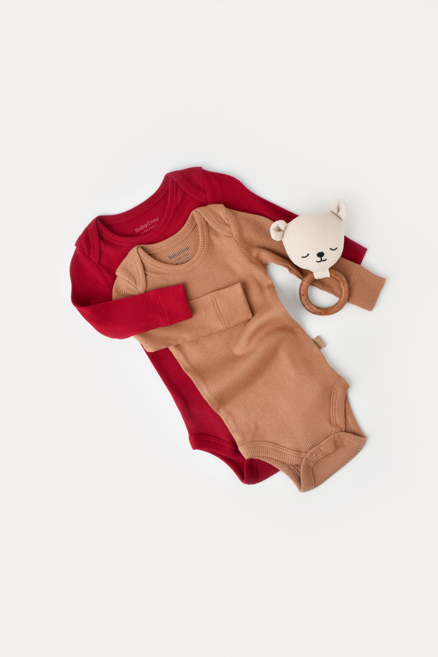 Set 2 body-uri cu maneca lunga bebe unisex din bumbac organic si modal - maro/rosu, baby cosy (marime: 3-6 luni)