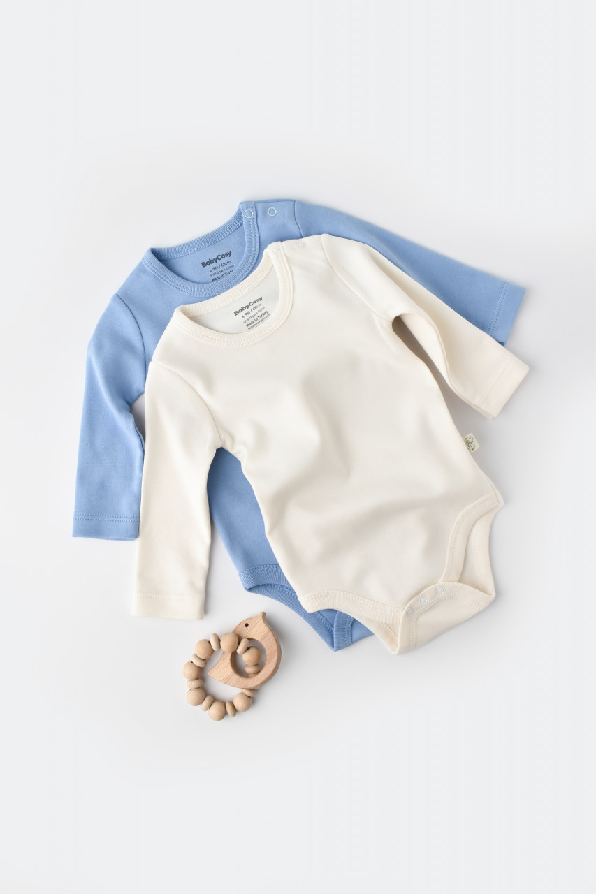 Set 2 body-uri cu maneca lunga bebe unisex -100% bumbac organic - ecru/bleu, baby cosy (marime: 12-18 luni)