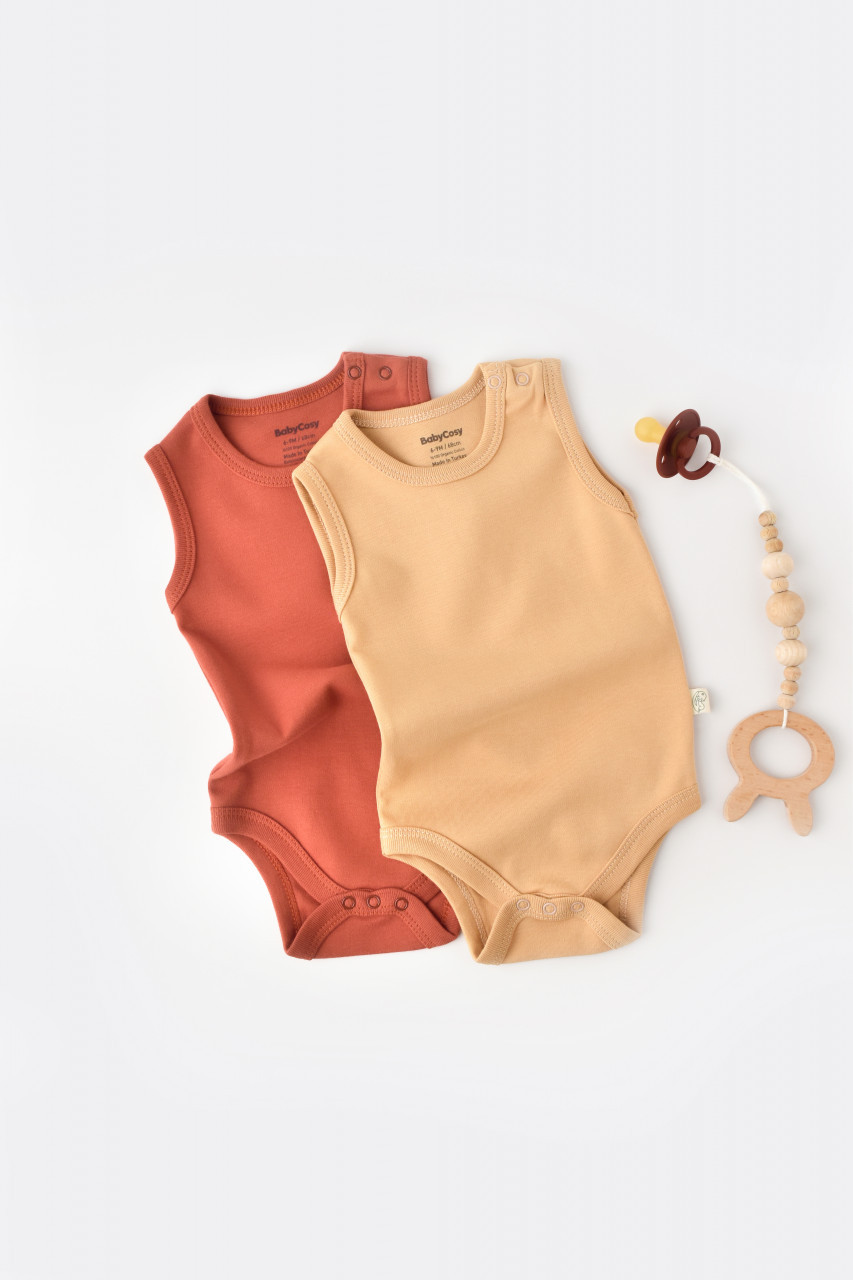 Set 2 body-uri fara maneci bebe unisex -100% bumbac organic - mustar/ scortisoara, baby cosy (marime: 6-9 luni)