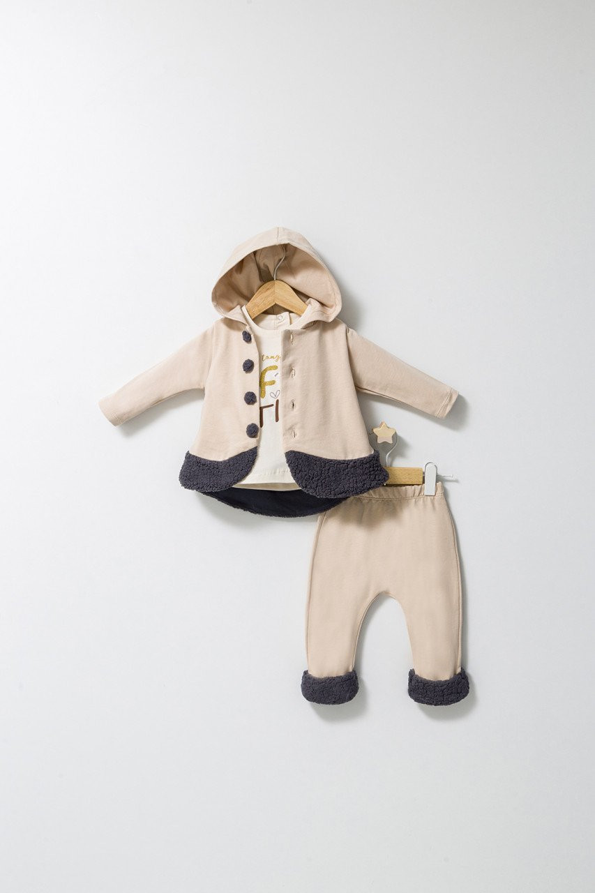 Set 3 piese: pantaloni, bluzita si hainuta cu gluga eleganta pentru bebelusi fun penguin, tongs baby (culoare: ecru, marime: 24-36 luni)