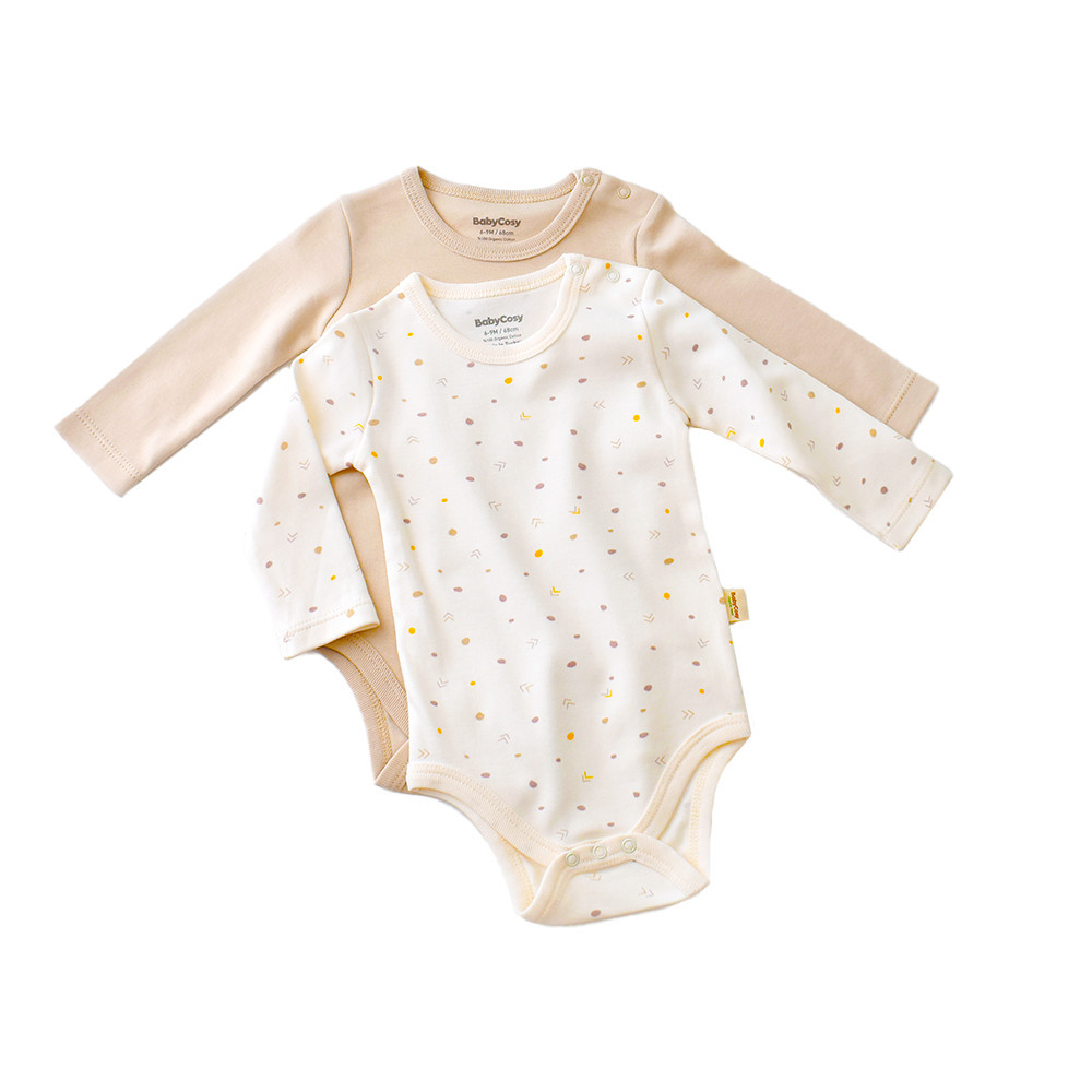 Set 2 body-uri cu maneca lunga bebe unisex -100% bumbac organic - ecru cu buline, baby cosy (marime: 12-18 luni)