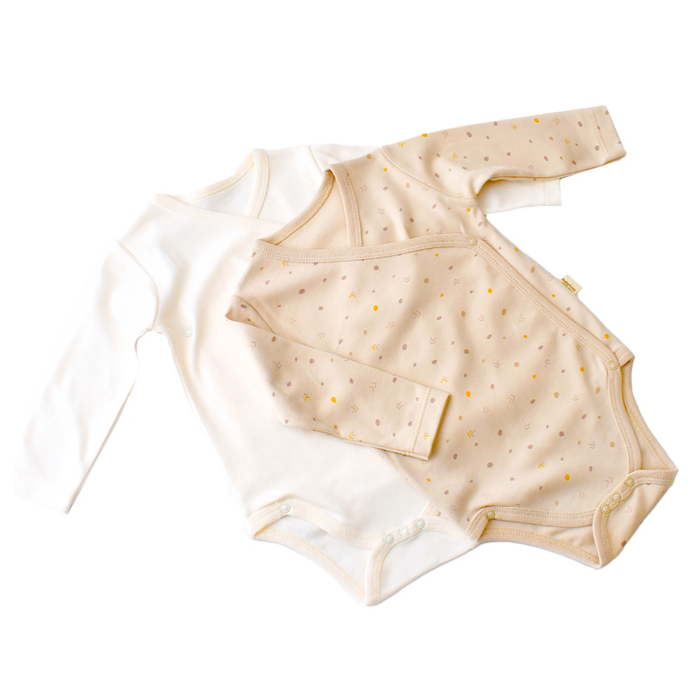 Set 2 body-uri cu maneca lunga petreceute bebe unisex -100% bumbac organic - crem cu buline, baby cosy (marime: 0-3 luni)