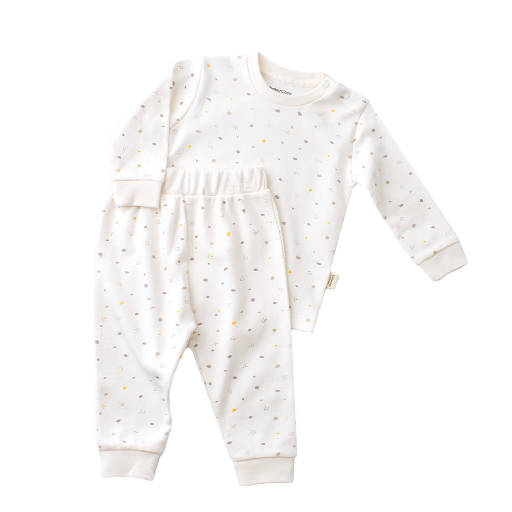 Set bluzita cu maneca lunga si panataloni lungi - bumbac organic 100% - ecru cu buline, baby cosy (marime: 12-18 luni)