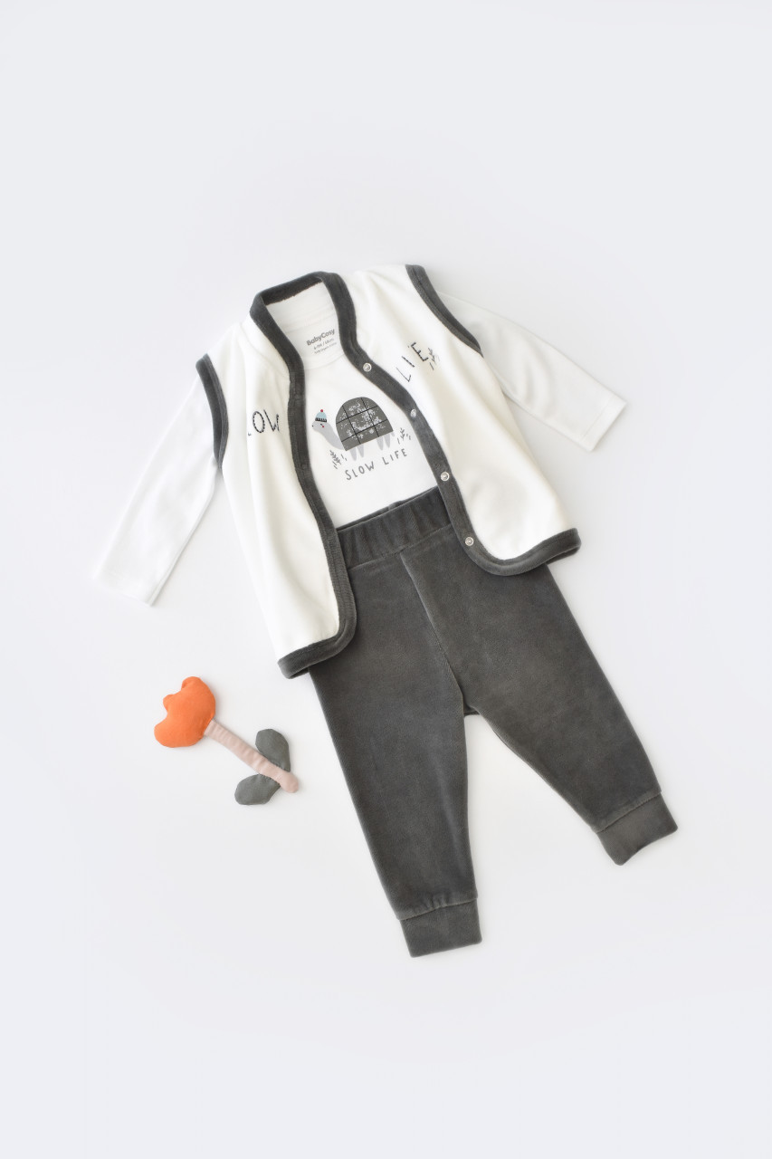 Set 3 piese broscuta cu body, pantalonasi si vestuta din 80%bumbac organic si 20% poliester - antracit, baby cosy (marime: 18-24 luni)