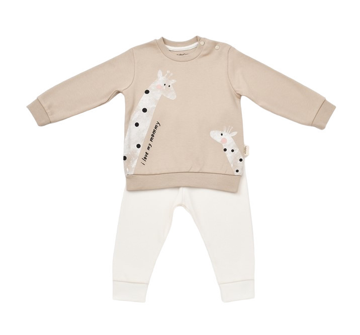 Set bluzita cu maneca lunga si panataloni lungi cu buline girafa, babycosy, 100% bumbac organic, mink (marime: 18-24 luni)