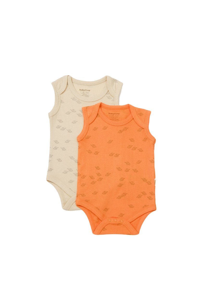 Set 2 body-uri fara maneci printed, babycosy, 50% modal+50% bumbac, stone/apricot (marime: 9-12 luni)