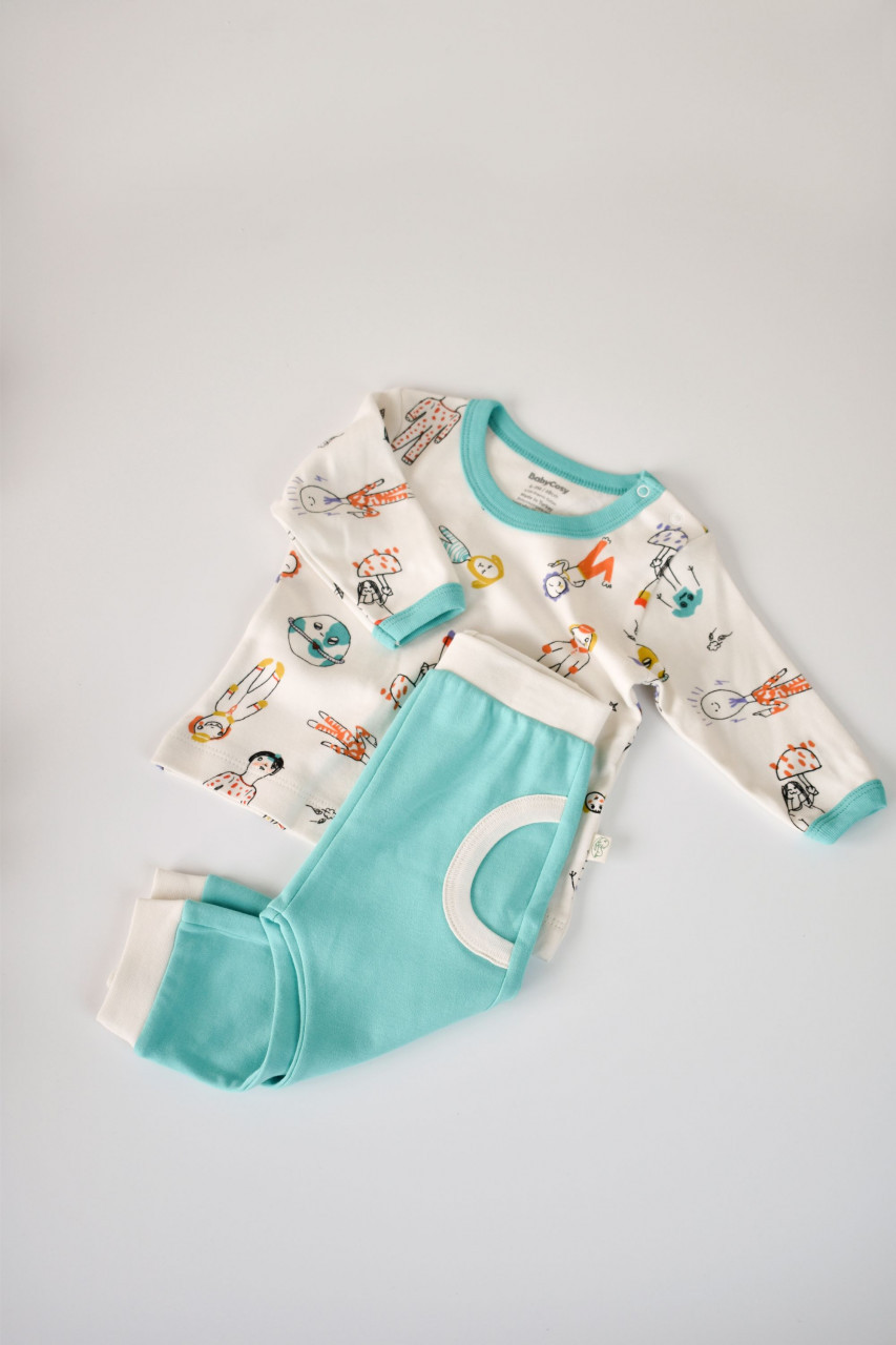 Set bluzita cu maneca lunga si panataloni lungi, 100% bumbac organic, babycosy, verde (marime: 12-18 luni)