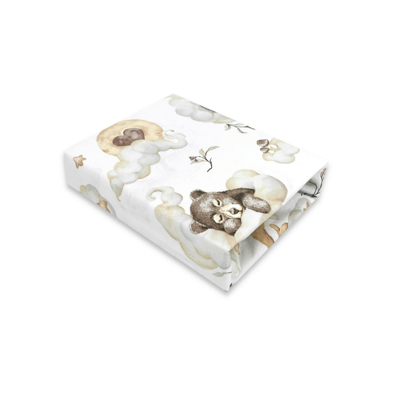 Qmini - cearceaf cu elastic pentru patut 140x70 cm, din bumbac certificat oeko tex standard 100, teddy bear and friends beige