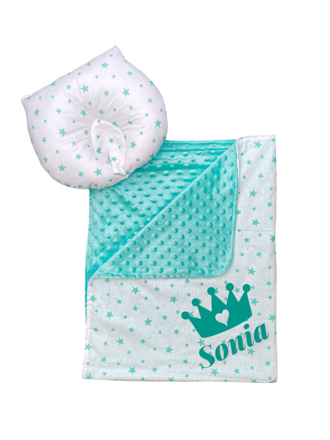 Set 2 piese personalizat paturica dubla de iarna 90x70 cm cu perna formare cap deseda minky verde menta - stelute verde menta pe alb