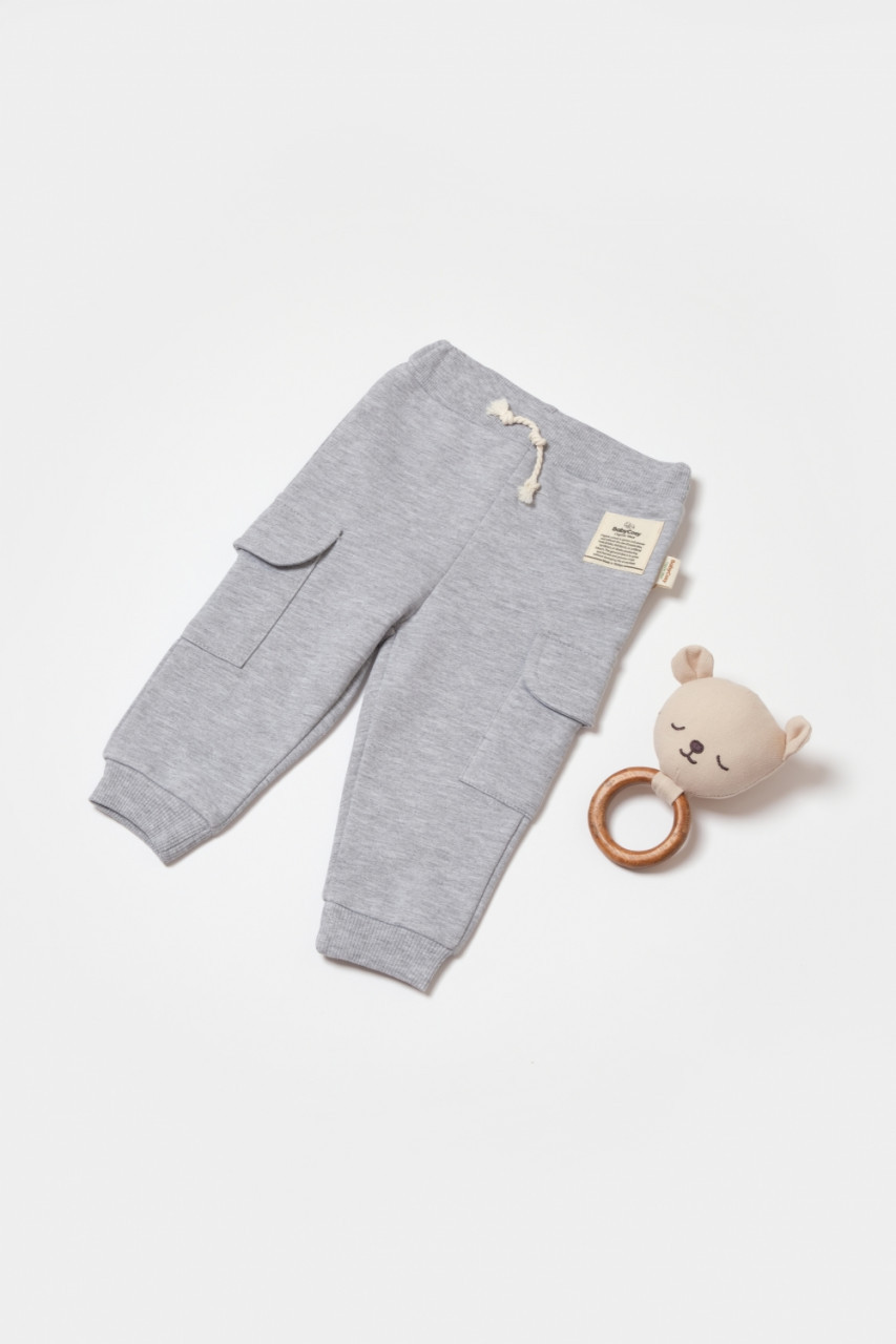 Pantaloni cu buzunare laterale, two thread, 100%bumbac organic - gri, babycosy (marime: 6-9 luni)