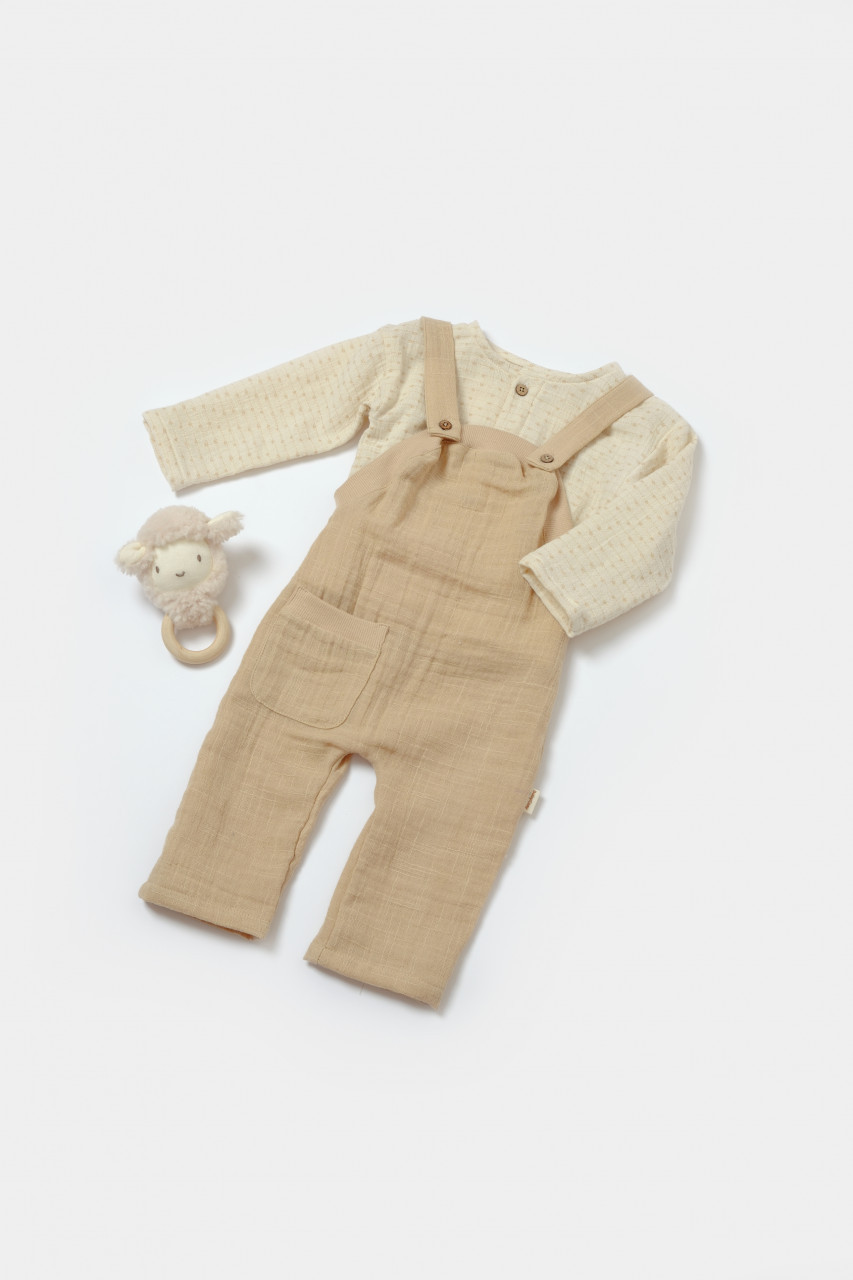 Set bluza si salopeta, winter muselin, 100% bumbac - apricot, babycosy (marime: 3-6 luni)