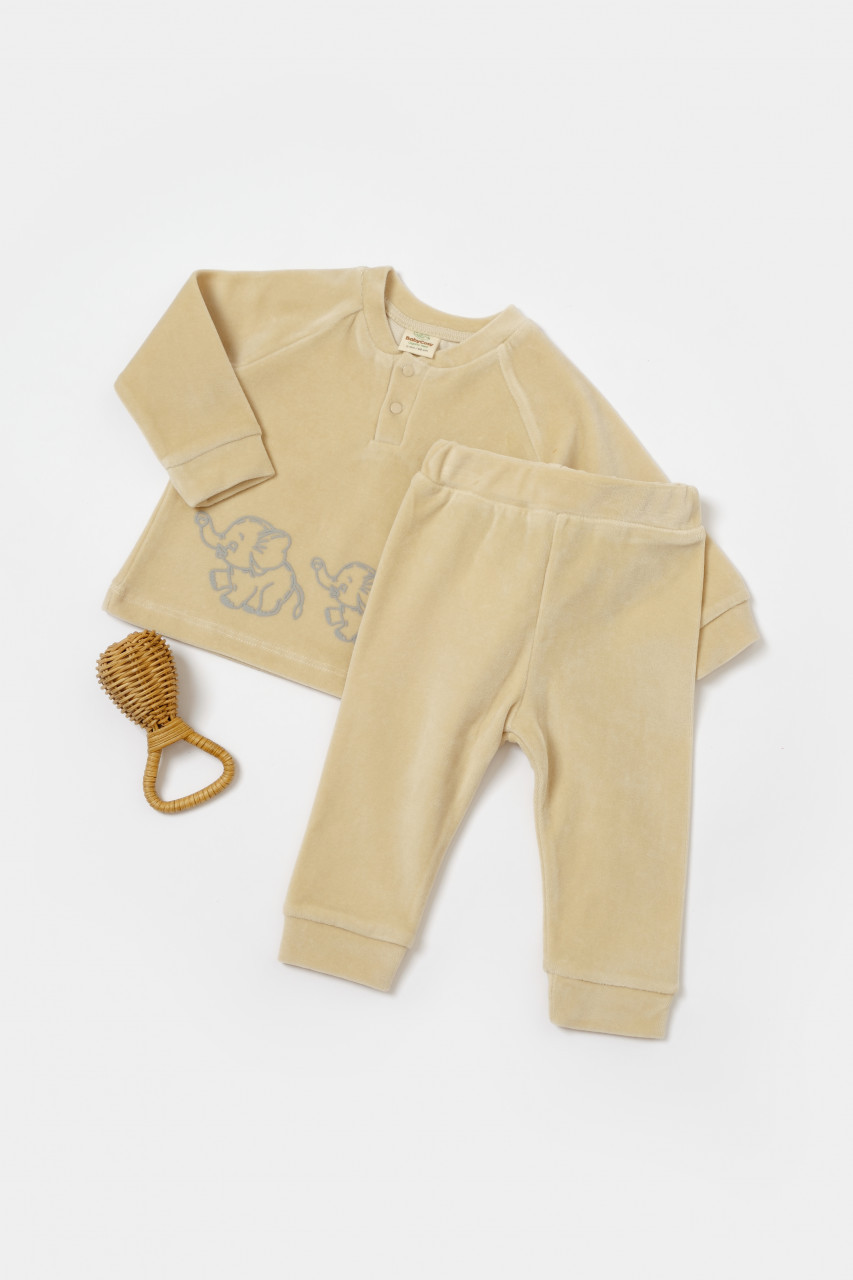 Set bluzita si pantaloni elefant, 80%bumbac organic si 20% poliester - stone, babycosy (marime: 12-18 luni)