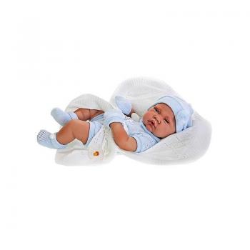 Papusa bebe realist Toqui-baiat Reborn cu paturica, cu articulatii, alb-albastru, corp realist anatomic, Antonio Juan