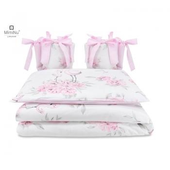 MimiNu - Lenjerie patut cu 4 piese, Cu doua protectii laterale, Peonie Pink, Din bumbac, Pentru patut 120x60 cm