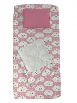 Set 3 piese pat 120x60 cm cu cearsaf paturica si perna norisori zambareti roz