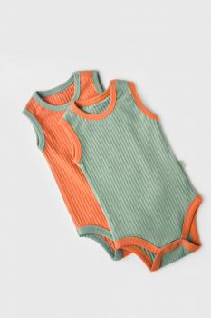 Set 2 body-uri fara maneci ribana bebe unisex din bumbac organic si 5%elastan - portocaliu/verde (marime: 3-6 luni)