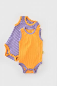 Set 2 body-uri fara maneci ribana bebe unisex din bumbac organic si 5%elastan - galben/mov (marime: 6-9 luni)