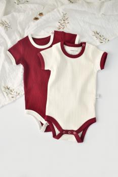 Set 2 body-uri ribana bebe unisex din bumbac organic si 5%elastan - ecru/bordo, baby cosy (marime: 18-24 luni)