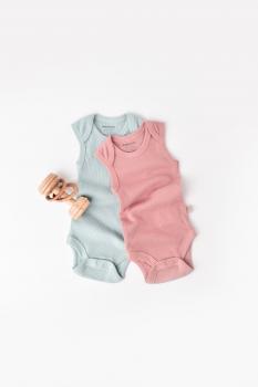 Set 2 body-uri fara maneci bebe unisex din bumbac organic si modal - mint/rose, baby cosy (marime: 12-18 luni)