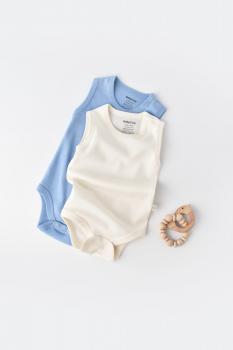 Set 2 body-uri fara maneci bebe unisex -100% bumbac organic - ecru/bleu, baby cosy (marime: 18-24 luni)