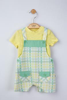 Set salopeta cu tricou in carouri pentru bebelusi, tongs baby (culoare: galben, marime: 9-12 luni)