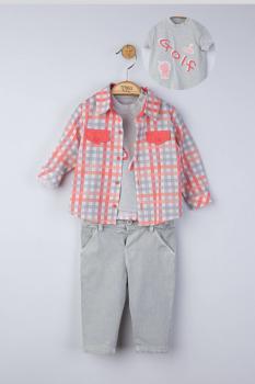 Set 3 piese: blugi, tricou si camasa in carouri pentru bebelusi, tongs baby (culoare: gri, marime: 9-12 luni)