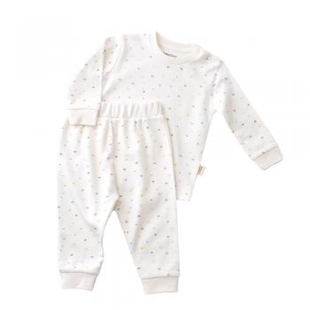 Set bluzita cu maneca lunga si panataloni lungi - bumbac organic 100% - ecru cu buline, baby cosy (marime: 9-12 luni)