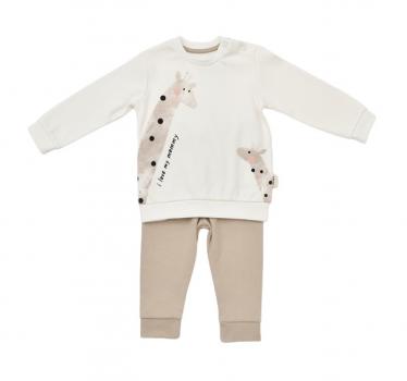 Set bluzita cu maneca lunga si panataloni lungi girafa, babycosy, 100% bumbac organic, ecru (marime: 9-12 luni)