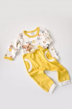 Set bluzita cu maneca lunga si panataloni lungi, 100% bumbac organic, babycosy, galben (marime: 6-9 luni)