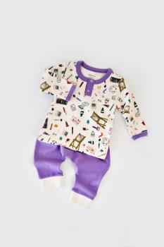 Set bluzita cu maneca lunga si nasturei si panataloni lungi, 100% bumbac organic, babycosy, mov (marime: 6-9 luni)