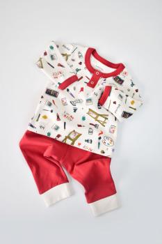 Set bluzita cu maneca lunga si nasturei si panataloni lungi, 100% bumbac organic, babycosy, rosu (marime: 12-18 luni)