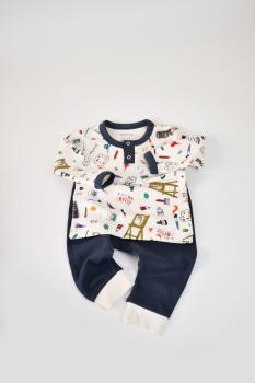 Set bluzita cu maneca lunga si nasturei si panataloni lungi, 100% bumbac organic, babycosy, bleumarin (marime: 18-24 luni)