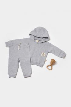 Set hanorac cu gluga si pantaloni, two thread, 100%bumbac organic - gri, babycosy (marime: 6-9 luni)