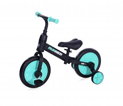 Bicicleta de echilibru 2in1, runner, cu pedale si roti auxiliare, black & turquoise