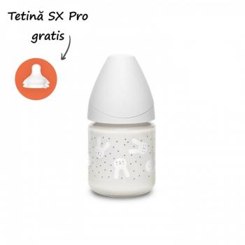 Biberon din sticlă 120 ml cu tetină rotundă din silicon, debit lent, iepuraș gri hygge suavinex