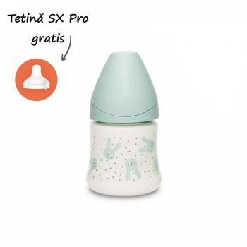 Biberon 150 ml cu tetină rotundă din silicon, debit lent, iepuraș verde hygge suavinex