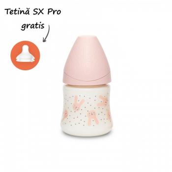 Biberon 150 ml cu tetină rotundă din silicon, debit lent, iepuraș roz hygge suavinex