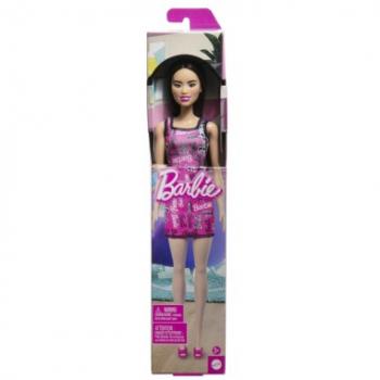 Barbie papusa clasica roscata cu rochita roz cu imprimeu barbie