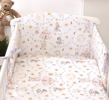 Set lenjerie din bumbac cu protectie laterala pentru pat bebe 120 x 60 cm, circ roz