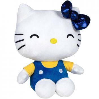 Jucarie din plus hello kitty cu salopeta albastra, editie aniversara, 16 cm